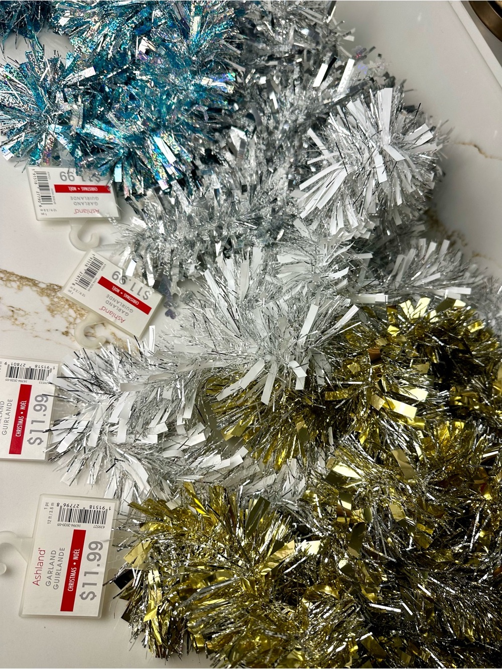 Ashland Christmas Silver, white, Gold, blue Holiday Tinsel Garland NWT
